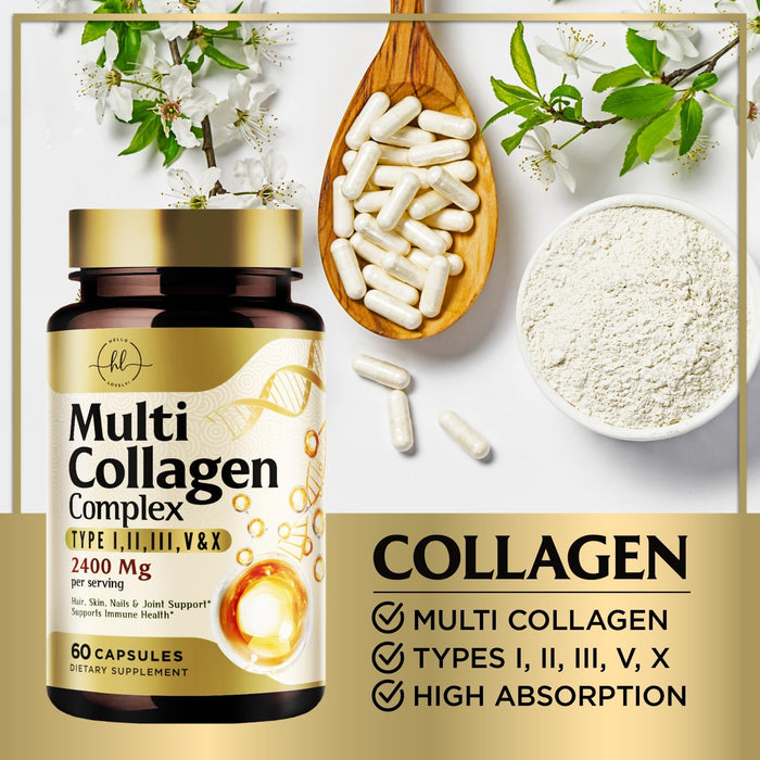 Multi Collagen Peptides for Women – 2400mg Best Hydrolyzed Collagen Complex with 5 Types (I, II, III, V, X) - Grass Fed – Hair, Skin, Nail, Bone & Joint Support for Beauty & Wellness – 60 Capsules