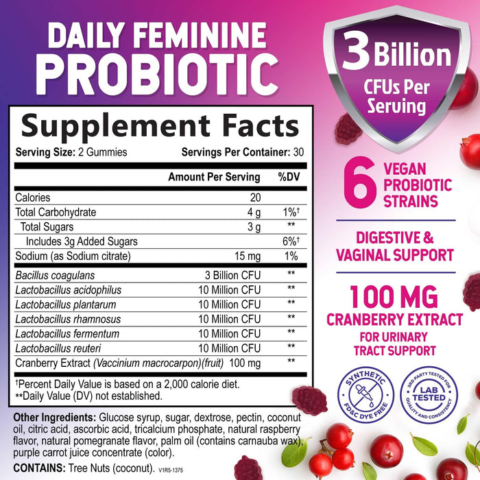 Probiotics for Women Gummies with Cranberry - 6 Premium Strains for PH Balance, Digestive Health, Vaginal & Immune Support, 3 Billion CFU, Women's Probiotic Gummy for Feminine Health - 60 Gummies