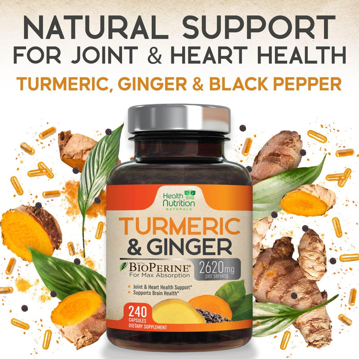 Turmeric Curcumin Supplement 2600mg - with Organic Ginger & Turmeric, 95% Curcuminoids, BioPerine Black Pepper for Best Absorption, Nature's Vegan Joint Support, Non-GMO, Bottled in USA - 240 Capsules