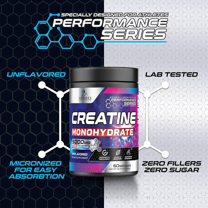 Creatine Monohydrate Powder 5000mg - Best Performance Micronized Creatine Nutritional Supplement - For Muscle Strength & Energy Support, Unflavored Monohydrate Powder, Bottled in USA - 60 Servings