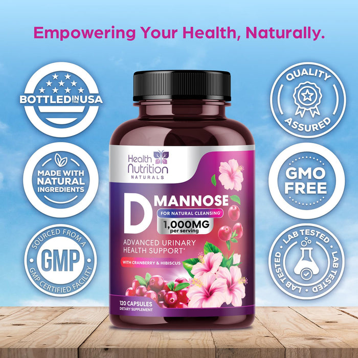 D-Mannose Supplement 1,350mg with Cranberry, Hibiscus & Dandelion - Fast-Acting, Natural Bladder & Urinary Tract Support for Women & Men – Flush & Cleanse Impurities – Non-GMO, Vegan – 120 Capsules