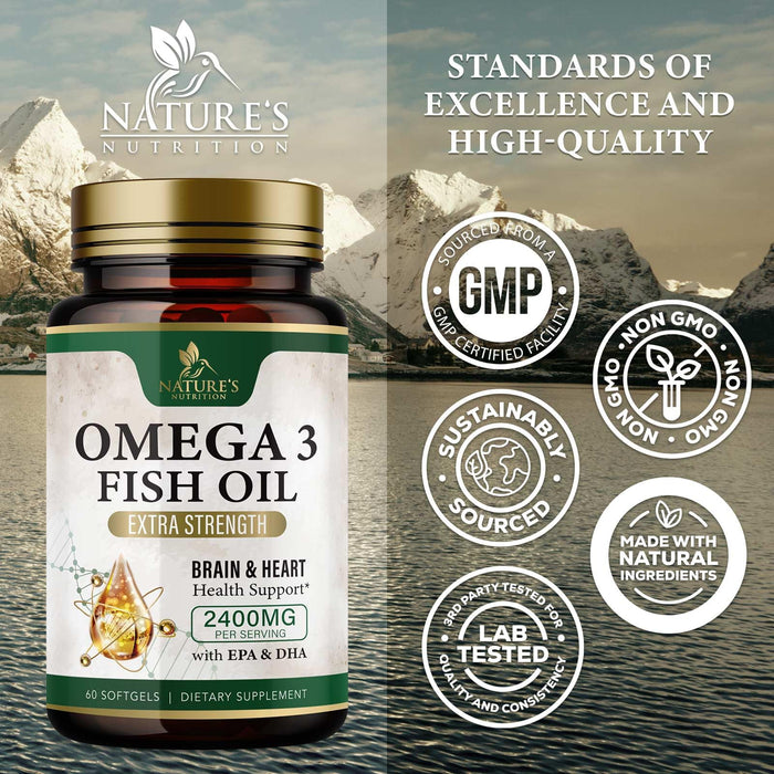 Omega 3 Fish Oil Supplements - 2400 mg Triple Strength Omega3, EPA & DHA with Essential Fatty Acids - Natural Immune, Brain & Heart Health Support - Gluten Free, Non-GMO, Wild Caught - 60 Softgels