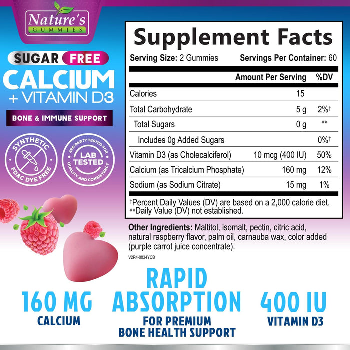 Sugar Free Chewable Calcium Gummy Vitamins - Plus 400 IU Vitamin D3 for Bone, Teeth, & Immune Health Support - Calcium Supplements for Women & Men Daily, Non-GMO, Berry Flavored - 120 Gummies