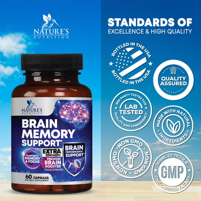 Brain Memory Supplement Pills - Nootropics Support for Concentration, Clarity, Alertness & Focus - Brain Health with Bacopa, Cognitive Vitamins, Phosphatidylserine, DMAE - Brain Booster - 60 Capsules