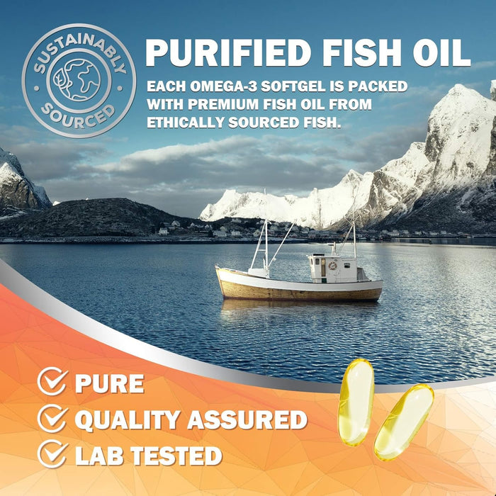 Omega 3 Fish Oil 2400 mg - Triple Strength EPA & DHA Fatty Acids for Heart, Brain & Joint Support Wild-Caught, Burpless, Lemon Flavor Supplement Natural, Non-GMO, Gluten-Free - 120 Softgels