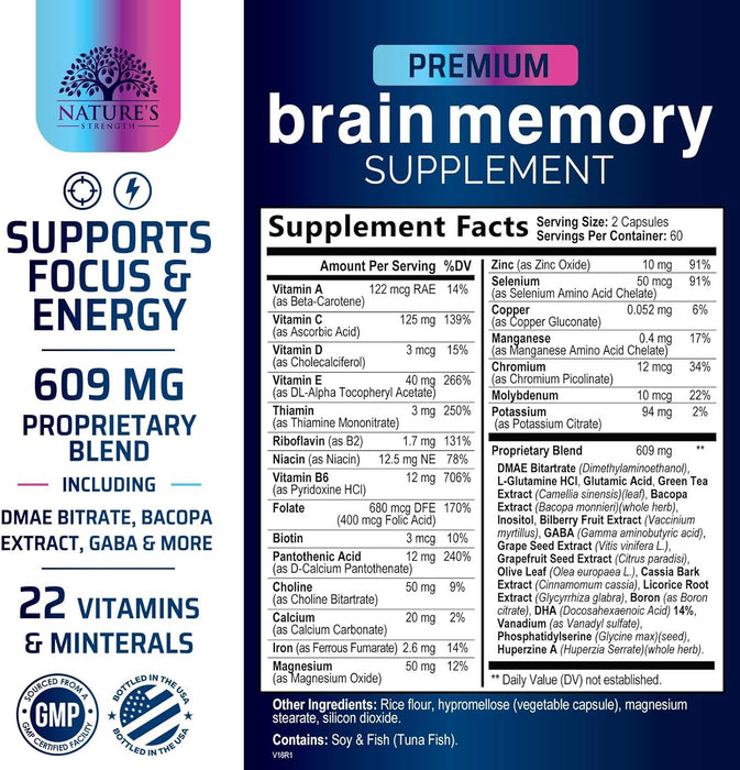 Brain Memory Supplement Pills - Nootropics Support for Concentration, Clarity, Alertness & Focus - Brain Health with Bacopa, Cognitive Vitamins, Phosphatidylserine, DMAE - Brain Booster - 120 Capsules