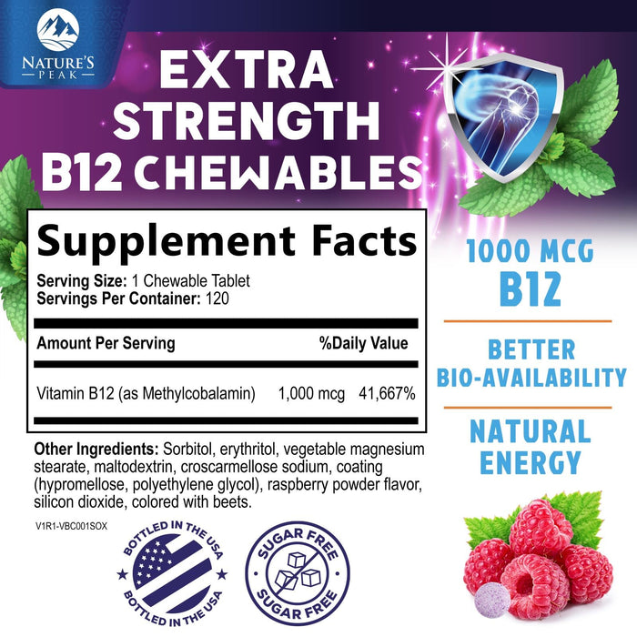 Vitamin B12 1000 mcg (Methylcobalamin) Super B 12 Complex Dietary Supplement for Energy & Immune Support, Vegan, Sugar-Free, Sublingual, Tasty Raspberry Flavor - 120 Chewable Tablets, 120 Day Supply