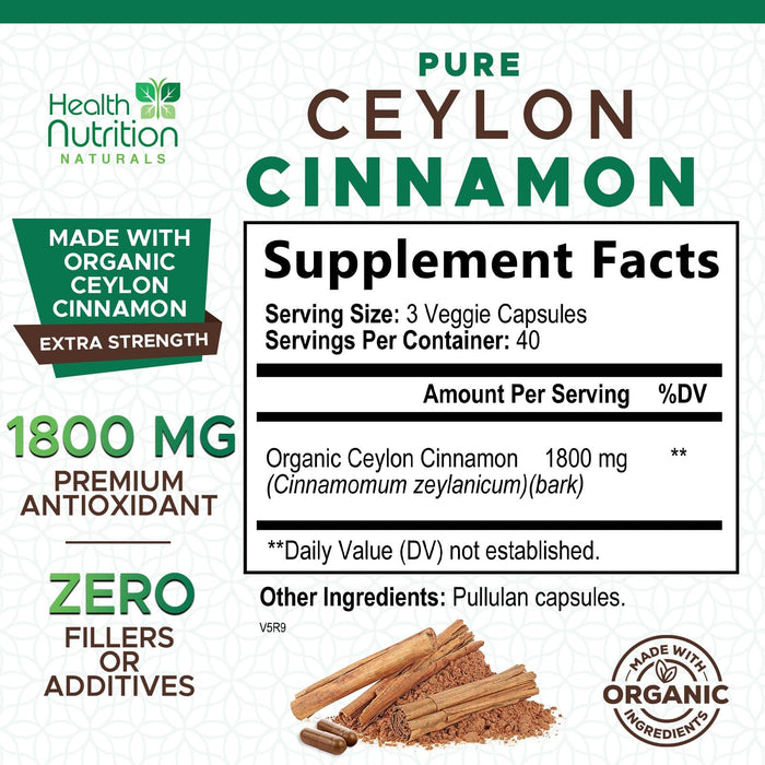 Ceylon Cinnamon Capsules 1800mg - Certified Organic Ceylon Cinnamon Powder Supplement, Bottled in USA, Extra Strength Energy & Heart Support Pills, Non-GMO & Gluten Free, Sugar Free - 120 Capsules