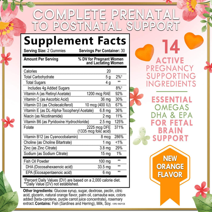 Prenatal Vitamins for Women with DHA & Folic Acid - Best Prenatal Multivitamin Gummies for Women, Brain Development Support, Folate, Vitamin C, D3 & B12, Pre Natal Pregnancy Supplement - 60 Gummies