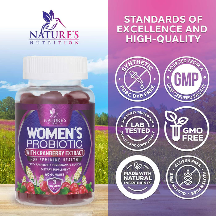 Probiotics for Women Gummies with Cranberry - 6 Premium Strains for PH Balance, Digestive Health, Vaginal & Immune Support, 3 Billion CFU, Women's Probiotic Gummy for Feminine Health - 60 Gummies