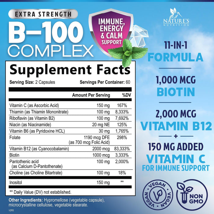 B Complex Vitamins Capsules with Vitamin B6 B12 B100 C Biotin Folate & Folic Acid - Supplement for Heart, Brain, & Nerve Support - Super Complete B-Complex for Immune & Energy Support - 120 Capsules