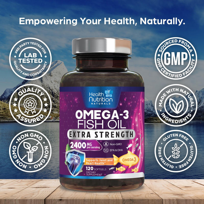 Omega 3 Fish Oil 2400 mg - Triple Strength Omega3, EPA & DHA Fatty Acids Supplement - Natural Support for Immune, Heart & Brain Health - Wild Caught, Non-GMO, Lemon Flavor, Burpless - 120 Softgels