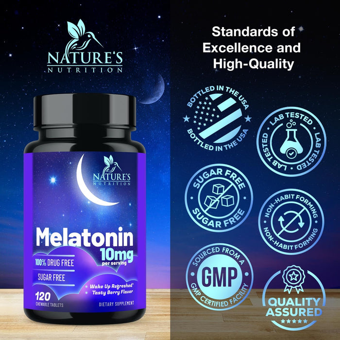 Fast Dissolve Melatonin 10mg, Sleep Support for Adults, Melatonin Sleep Supplement, for Promoting Restful Sleep, Non-Habit Forming, 100% Drug Free, Berry Flavored - 120 Chewable Tablets