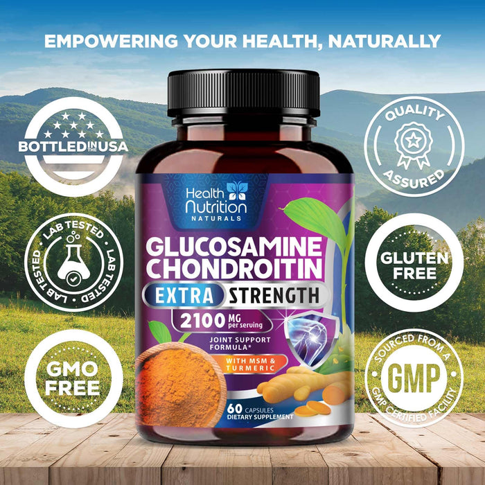 Glucosamine Chondroitin MSM 2100mg Complex - Joint Health Supplement with Turmeric & Boswellia - Quercetin for Cartilage, Flexibility & Mobility - Triple Strength Glucosamine Sulfate - 60 Capsules