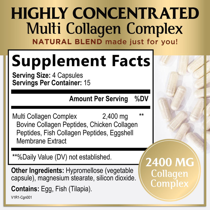 Multi Collagen Peptides for Women â€“ 2400mg Best Hydrolyzed Collagen Complex with 5 Types (I, II, III, V, X) - Grass Fed â€“ Hair, Skin, Nail, Bone & Joint Support for Beauty & Wellness â€“ 60 Capsules
