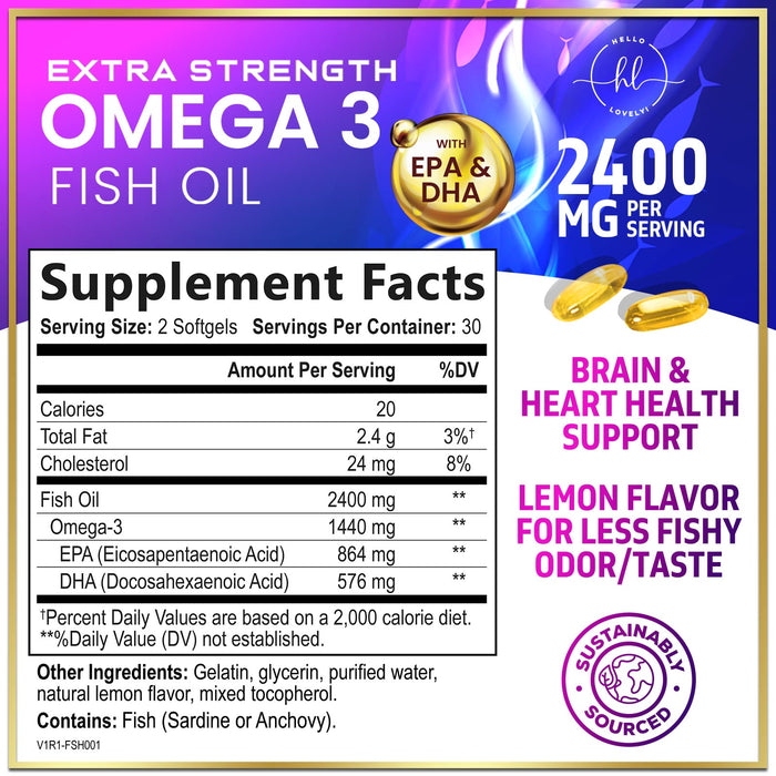 Omega 3 Fish Oil Supplements 2400mg - Triple Strength Omega 3 Fatty Acids, Natural Heart Health Brain & Joint Support - Fatty Acids with EPA & DHA - Wild Caught Fish Oil Supplement - 60 Softgels