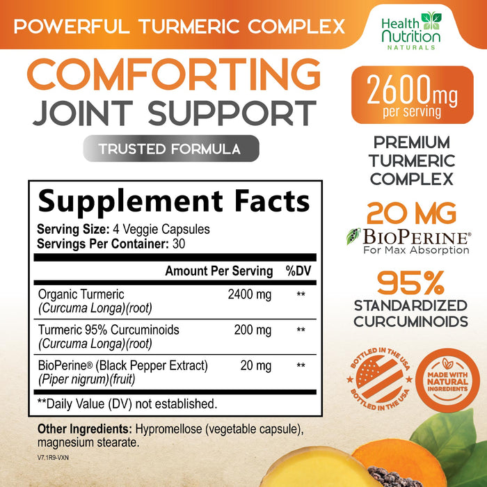Turmeric Curcumin Supplement 2600mg - 95% Curcuminoids with Organic Turmeric & BioPerine Black Pepper for Best Absorption, Nature's Vegan Joint Support, Non-GMO Tumeric, Bottled in USA - 120 Capsules