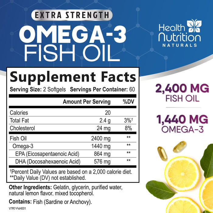 Omega 3 Fish Oil 2400 mg - Triple Strength Omega3, EPA & DHA Fatty Acids Supplement - Natural Support for Immune, Heart & Brain Health - Wild Caught, Non-GMO, Lemon Flavor, Burpless - 120 Softgels