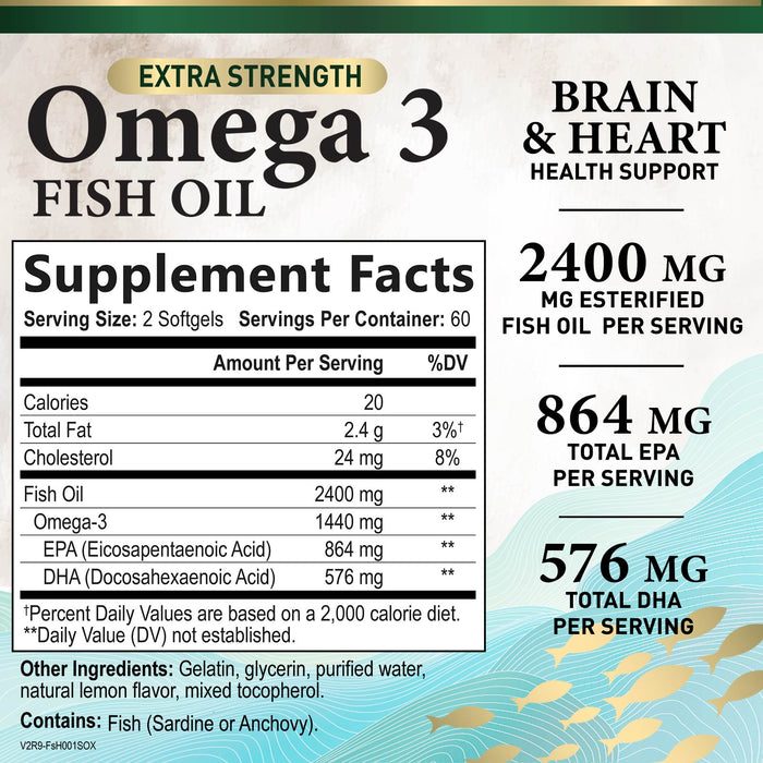 Omega 3 Fish Oil Triple Strength 1200 mg, Omega-3 Supplements, Natural Brain Heart Health & Immune Support - Fatty Acids with EPA & DHA - Wild Caught Purified Fish Oil Supplement - 120 Softgels