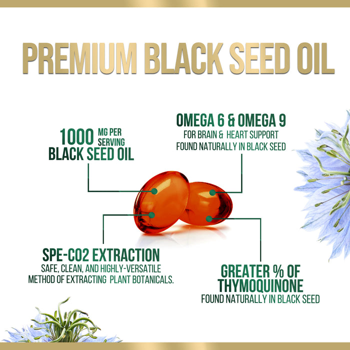 Black Seed Oil Softgels 1000mg - Premium Nigella Sativa Blackseed, Pure Natural Black Cumin Seed Oil & Antioxidant for Skin & Immune Support - Non GMO, Bottled in USA Supplement - 120 Softgels