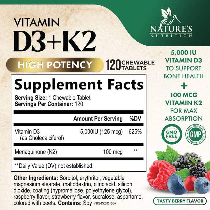 Vitamin D3 K2 Supplement | 5000 IU D3 + K2 100 mcg | MK-7 K2 with Vitamin D | Supports Immune, Heart, Teeth & Bone Health - Nature's Easy to Chew, VIT D3 K2, Non-GMO, Tasty Berry Flavor - 120 Tablets
