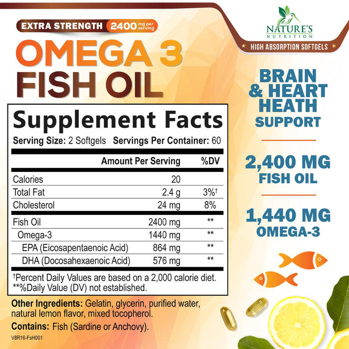 Omega 3 Fish Oil 2400 mg – Triple Strength EPA & DHA Fatty Acids for Heart, Brain & Joint Support – Wild-Caught, Burpless, Lemon Flavor Supplement – Natural, Non-GMO, Gluten-Free – 120 Softgels