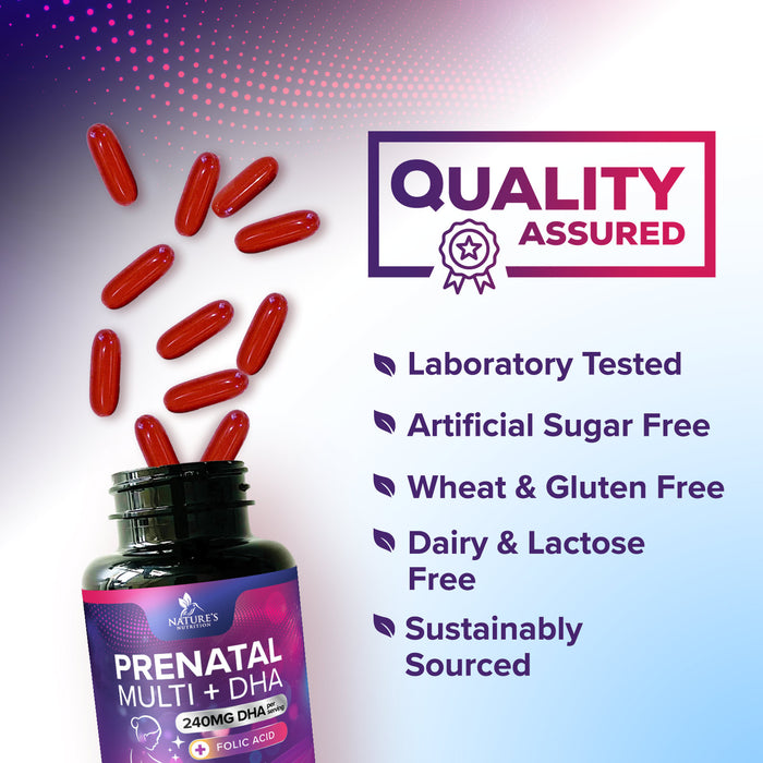 Prenatal Vitamins with Folic Acid & DHA, Fetal Brain Development Support with Folate & Omega 3's, Prenatal Multivitamin for Women, Vitamin A, C, D, B6, B12 & Iron, Pregnancy Supplement - 240 Softgels