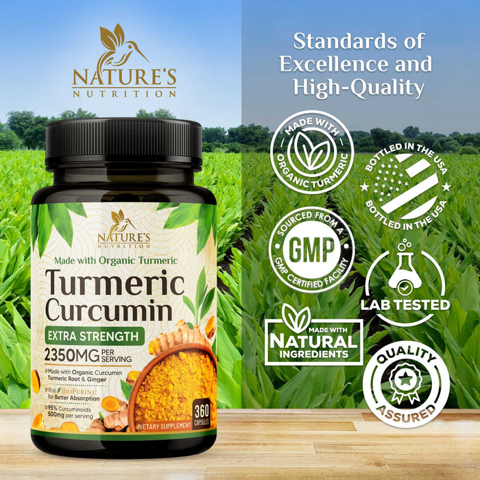 Turmeric Curcumin Supplement 1750mg with Organic Turmeric & Ginger, 95% Curcuminoids, BioPerine Black Pepper for Best Absorption, Nature's Vegan Joint Support, Non-GMO, Bottled in USA - 360 Capsules