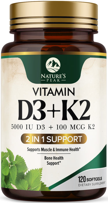 D3 K2 Vitamin 5000 IU | 2-in-1 Vitamin D 5000iu & Mk7 Vitamin K 100 mcg Dietary Supplement for Bone & Immune Support, Bottled in USA, Easy to Swallow, Gluten Free, Non-GMO
