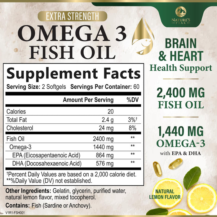 Omega 3 Fish Oil Pills 2400mg - Triple Strength Omega 3 Fish Oil Supplements - Best EPA & DHA Fatty Acids for Brain & Heart Health Support, Nature's Omega3 Supplement, 60 Day Supply - 120 Softgels